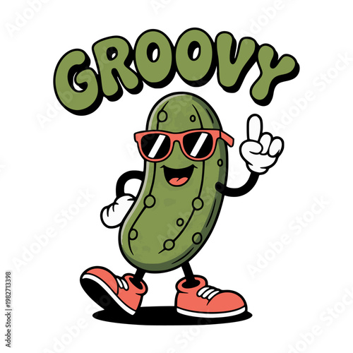 A funny Green Groovy Pickle Cartoon Character character with a cheerful and cute expression with sunglasses