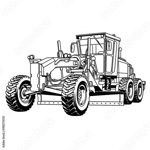 Line art illustration of a motor grader construction vehicle, isolated on white background.