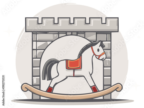 Whimsical rocking horse toy set behind a castle wall in monochrome scheme presents playful childhood memories in retro cartoon fashion