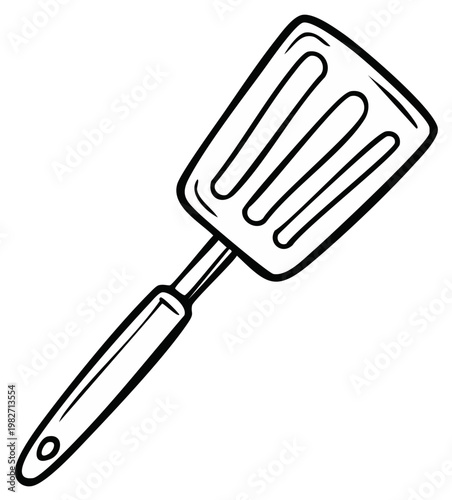 Simple Line Drawing of a Slotted Spatula Kitchen Utensil