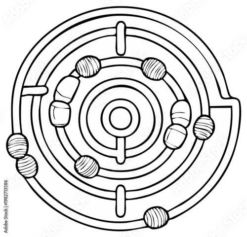 Abstract circular labyrinth illustration, black and white design.
