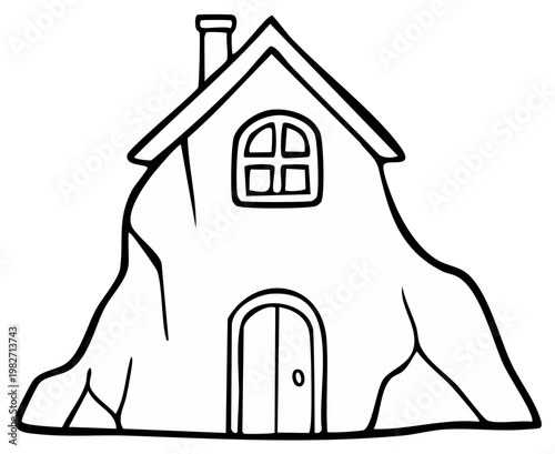 Whimsical hand drawn stone cottage with arched door and peaked roof