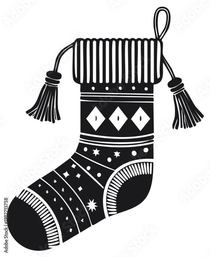 Hand-drawn Christmas stocking with decorative patterns and tassels
