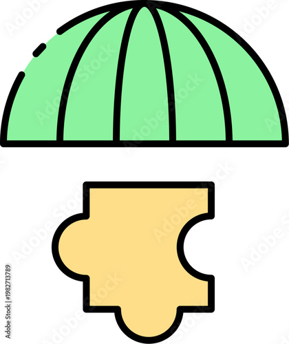 A green parachute is shown with a puzzle piece below it, representing a concept of connection or problem-solving in a minimalist style