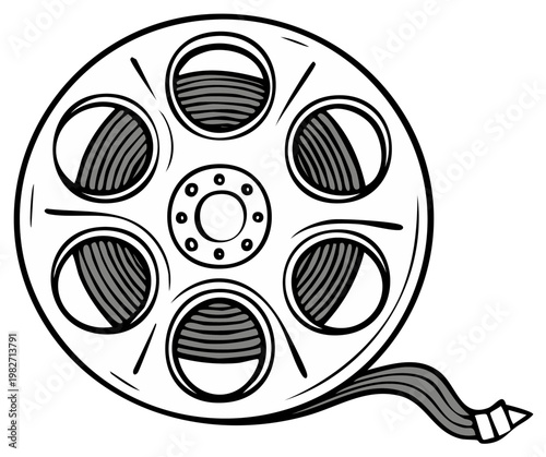 Hand Drawn Film Reel with Strip of Movie Film Isolated on White Background