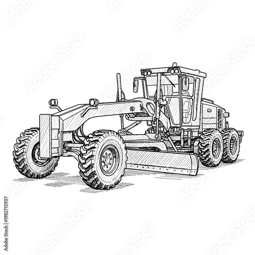 Construction Grader Machine, Heavy Equipment, Road Building, Industrial Vehicle Sketch