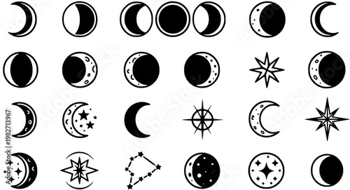 Celestial Moon Phases and Stars Vector Icon Set. Minimalist Black and White Astrology Glyphs for Spiritual and Astronomical Design Elements.