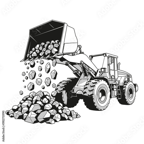 Front loader dumping rocks into a pile, construction and mining equipment