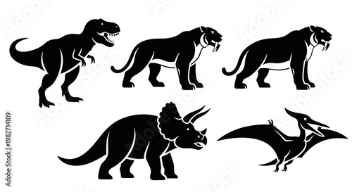 Prehistoric Animal Silhouettes Set: Tyrannosaurus, Sabertooth, Triceratops, Pterodactyl Icons