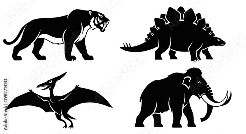 Prehistoric Animals Silhouettes Collection: Dinosaur, Mammoth, Saber-toothed Tiger, Pterodactyl Icons