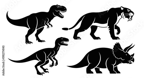 Prehistoric Animal Silhouettes Set: Tyrannosaurus Rex, Triceratops, Velociraptor, Saber-toothed Tiger