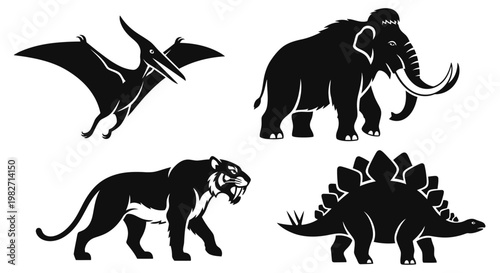Prehistoric Animals Silhouettes Collection: Dinosaur, Mammoth, Pterodactyl, and Saber-Toothed Tiger