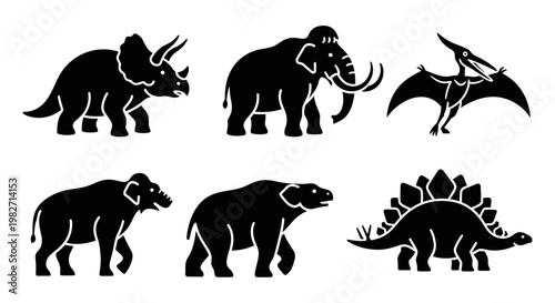 Prehistoric Animals Silhouette Icons: Dinosaurs, Mammoth, Saber-toothed Cat Set