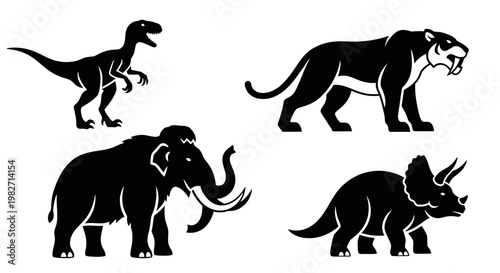 Prehistoric Animals Silhouettes Collection: Dinosaurs and Ice Age Creatures Vector Illustration