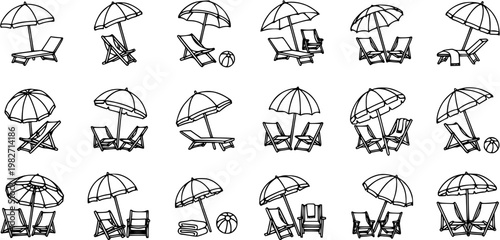 Summer Vacation Travel Beach Umbrellas and Lounge Chairs Black and White Line Art Set with Beach Balls and Leisure Accessories