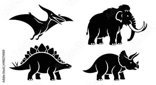 Prehistoric Animals Silhouettes: Dinosaur and Mammoth Vector Set