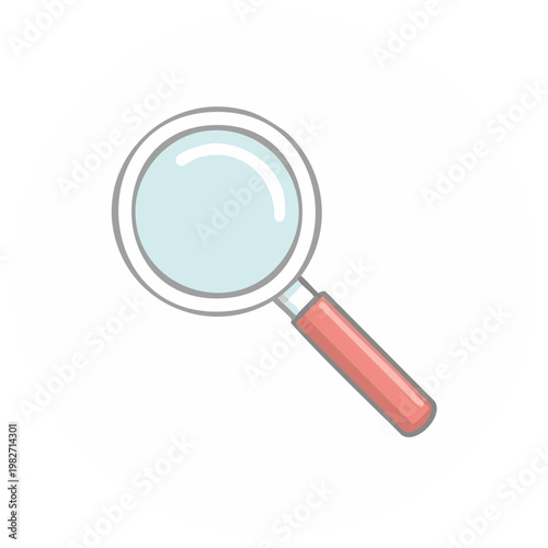 Magnifying glass illustration with red handle and grey rim for examination and observation or searching