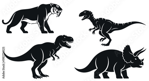 Prehistoric Animals Silhouettes Set: Dinosaurs and Saber-Toothed Tiger Vector Icons