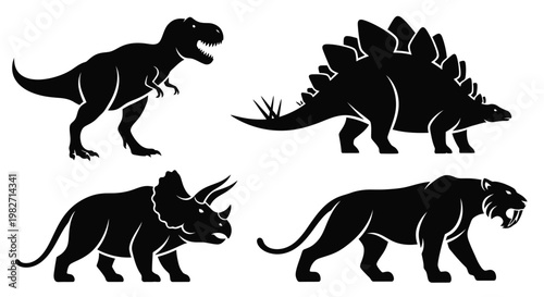 Prehistoric Animals Silhouettes Set: Dinosaurs and Saber-toothed Tiger