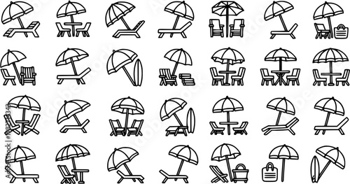 Black and White Line Art Icons of Beach Umbrellas, Chairs, and Tables for Vacation and Travel