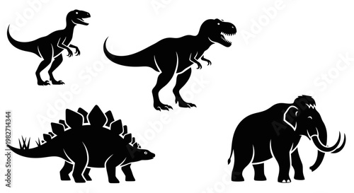 Prehistoric Animals Silhouettes Set: Dinosaurs and Woolly Mammoth Collection