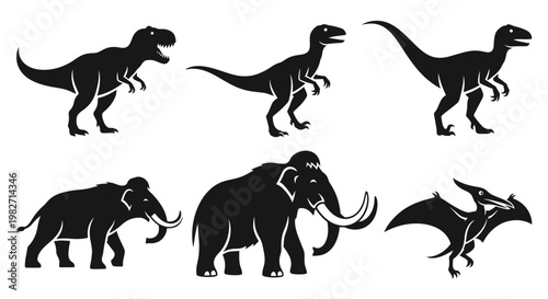 Prehistoric Animals Silhouettes Set: Dinosaurs, Mammoths, and Pterodactyl Icons