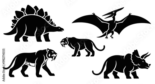 Prehistoric Animals Silhouettes Set: Dinosaurs, Saber-toothed Tiger, Pterodactyl, Stegosaurus, Triceratops Icons