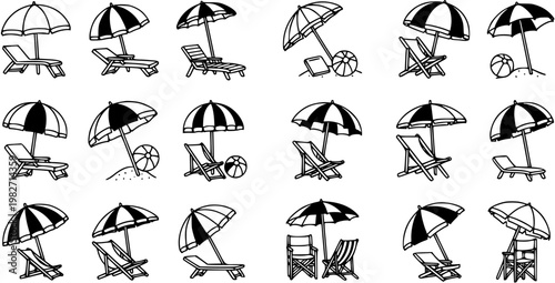 Black and White Line Art Beach Scene with Umbrellas and Chairs