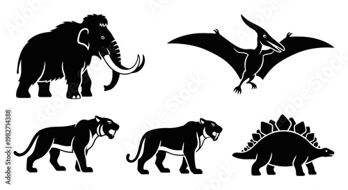 Prehistoric Animals Silhouettes Set: Mammoth, Pterodactyl, Stegosaurus, and Saber-Toothed Tigers