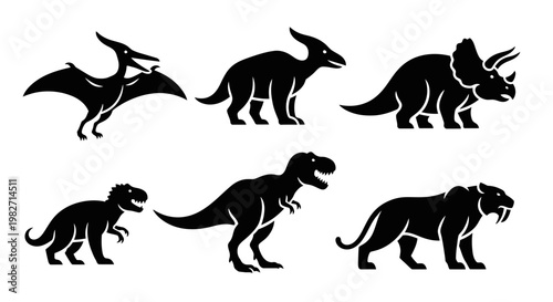 Set of Prehistoric Animals and Dinosaurs Silhouettes Icons Collection