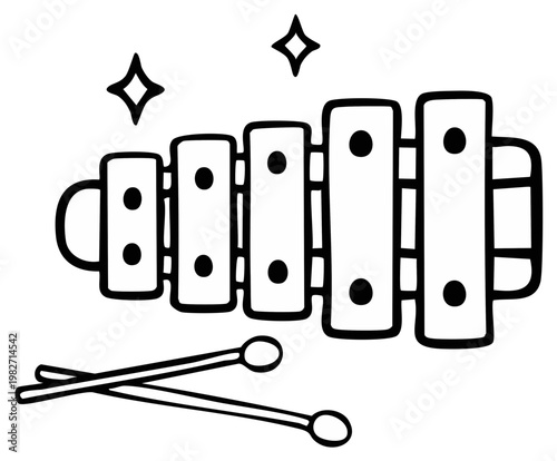 Stylized xylophone illustration with mallets, musical instrument line drawing