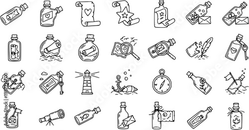 Hand-Drawn Nautical Adventure and Discovery Icons Set. Black Line Art Vector Collection of Message in a Bottle, Map, Compass, and Lighthouse Symbols.