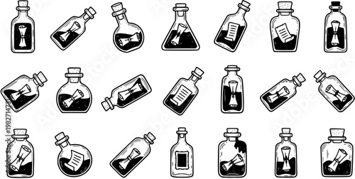 Black and White Line Art Illustration Set of Message in a Bottle Icons. Hand-Drawn Communication, Mystery, and Adventure Concept Vector Glyphs.