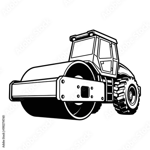 Road Roller Machine, Construction Vehicle, Heavy Equipment, Asphalt Compactor, Black and White Illustration
