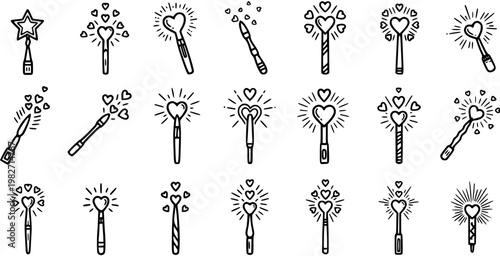 Fantasy Magic Wands Black and White Line Art Icons Set. Hand-drawn Star and Heart Fairy Sticks Doodle Collection for Love, Romance, and Celebration Themes.