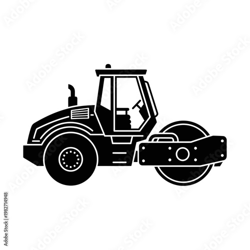 Black silhouette of a road roller on a white background