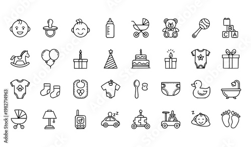 Baby Nursery and Birthday Thin Line Icon Collection Vector Toys and Infant Symbols