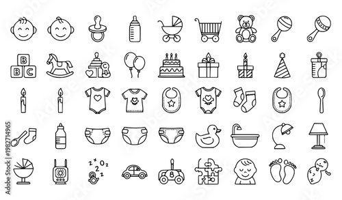 Linear Baby Icon Set Thin Line Vector with Toys Birthday and Nursery Elements
