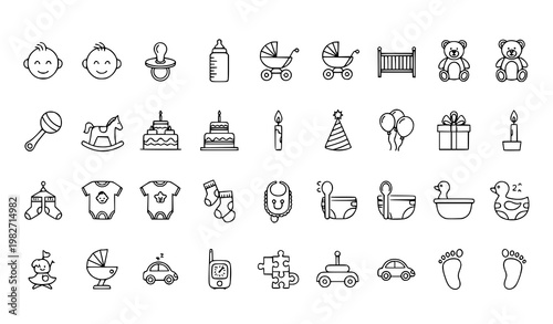 Baby Toys and Birthday Nursery Thin Line Vector Icons Set Minimal Infant Elements