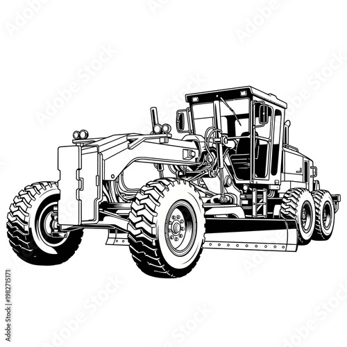Heavy Duty Motor Grader Construction Vehicle - Black and White Line Art