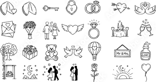 Hand-drawn Black  White Line Art Love and Romance Icons Set for Wedding, Valentine's Day, and Relationship Themes