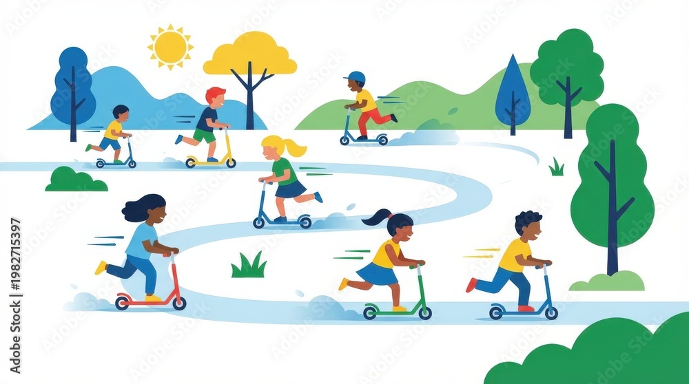 Fototapeta premium Children riding scooters in park.