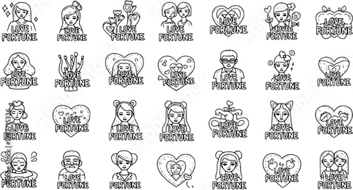 Black  White Line Art Love Fortune Icons Set for Romance, Relationships, and Future Predictions. Hand-drawn Doodle Illustrations.