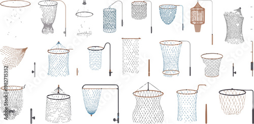 Fish net icon set in cartoon style with fishing gear and sea equipment for hunting and outdoor activity vector collection