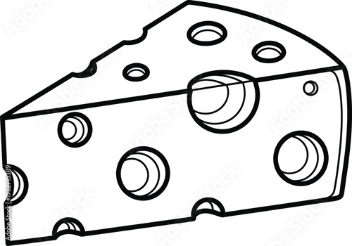 A black and white line drawing of a wedge of cheese with holes