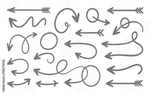Set of arrows Include a variety of arrow styles such as straight arrows up, down, left, right, curved arrows, circular arrows, zigzag arrows, dashed arrows, bold arrows design
