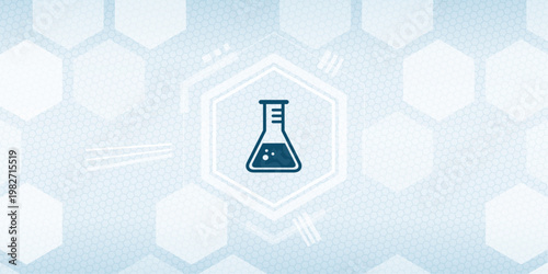 Abstract scientific background featuring a laboratory flask icon within a digital hexagonal grid pattern for research and innovation concepts