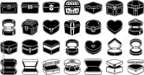 Jewelry Boxes Gift Chests Black and White Glyph Icons Set for Fashion, Luxury, Retail, and Special Occasion Industry Design Assets