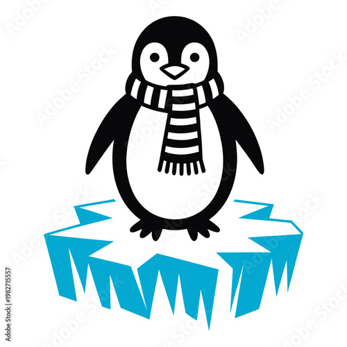 A cheerful penguin wearing a striped scarf standing on an ice floe