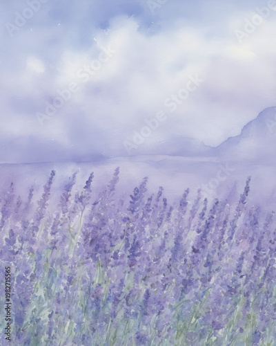 Lavender meadow pastel calm horizon watercolor landscape with flower and petal under soft sky a tranquil scene nature